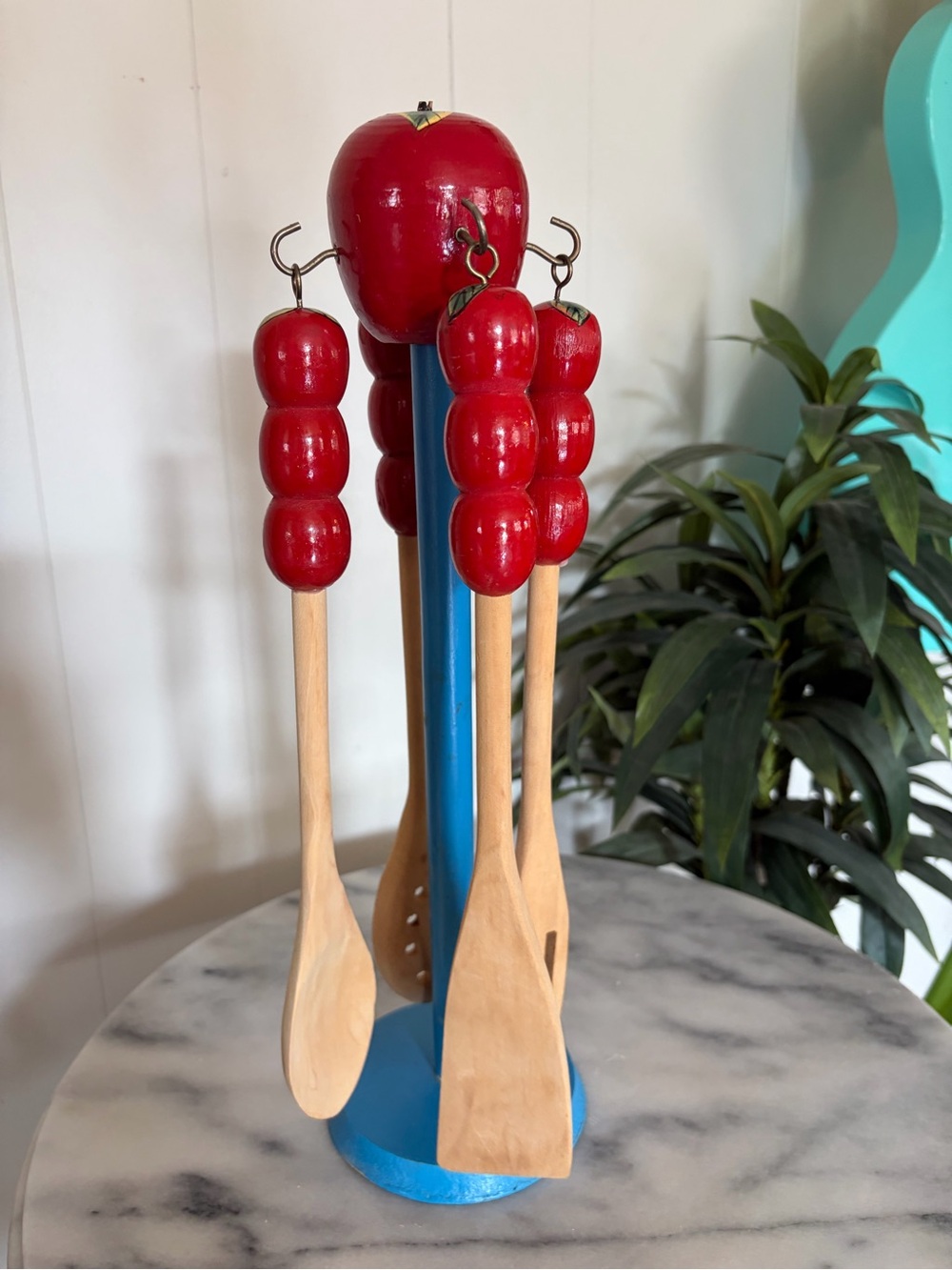 Vintage Wood Apple Kitchen Utensil Set Holder Retro Kitsch Mid Century Decor - Picture 2 of 7